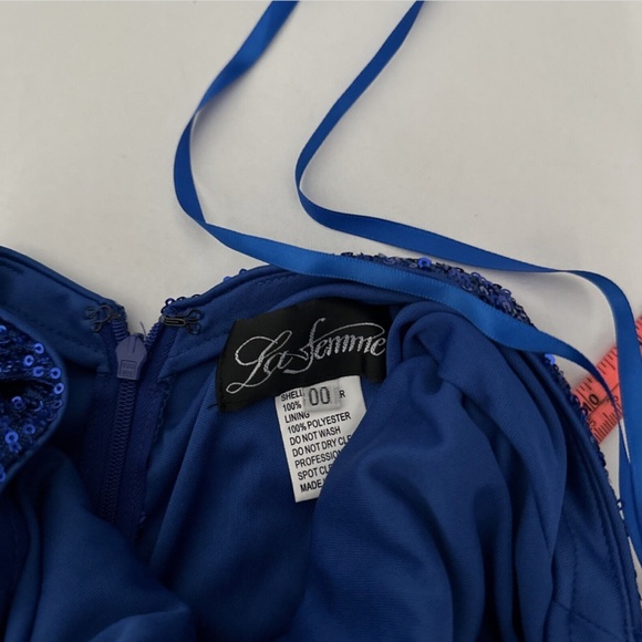 NEW $408 La Femme [ 00 ] Halter Sequin Open‎ Back Trumpet Gown Royal Blue - Picture 3 of 13